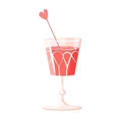 Valentines Day vector glass wine glass with red punch or vine. Elements for feast of February 14 for design of cards, posters, websites, flyers. Mid-Century Modern style illustration