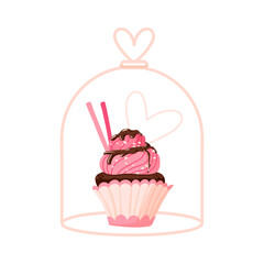 Pink cupcake with chocolate and sugar heart under glass dome. Valentine's day vector illustration. Flat style