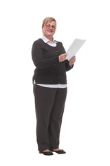 Side view of serious mature woman reading documents