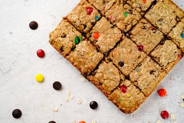 Homemade Oatmeal chocolate chip cookie snack bars, selective focus