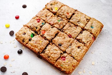 Homemade Oatmeal chocolate chip cookie snack bars, selective focus