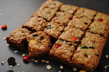 Homemade Oatmeal chocolate chip cookie snack bars, selective focus