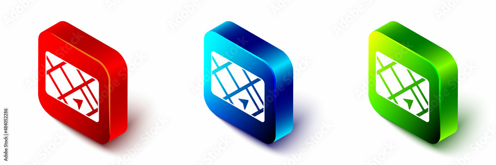 Poster isometric gps device with map icon isolated on white background. red, blue and green square button. 