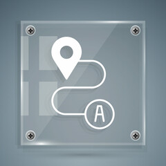 White Route location icon isolated on grey background. Map pointer sign. Concept of path or road. GPS navigator. Square glass panels. Vector
