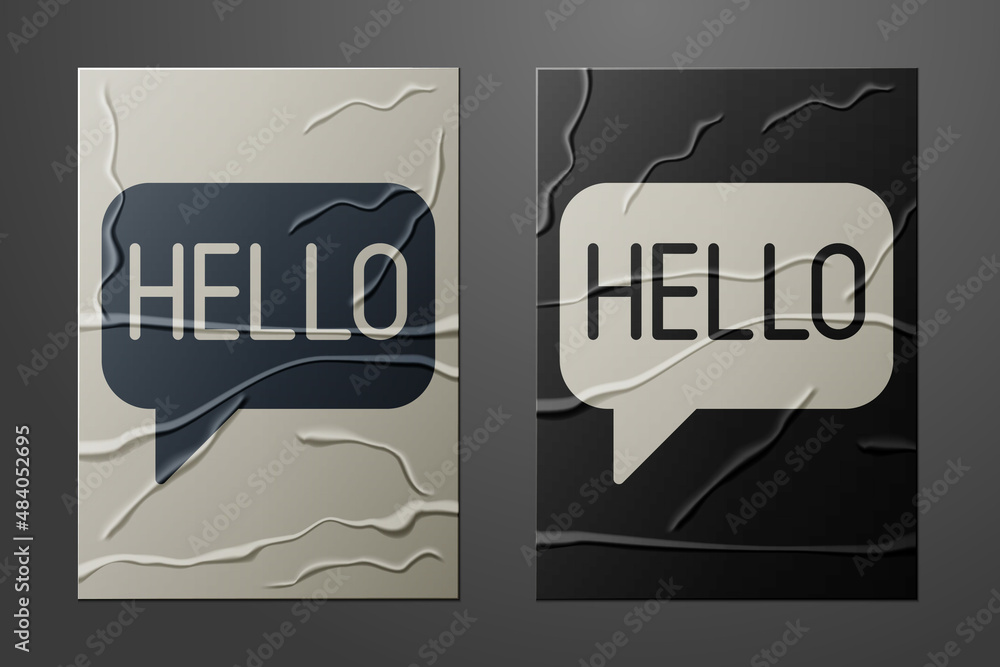 Poster white hello in different languages icon isolated on crumpled paper background. speech bubbles. paper