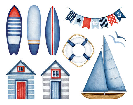 Watercolor Nautical set. Sailboat, Lighthouse, Beach Houses, Surfing Boards and Holiday Flag Bunting. Summer Sea Party, Ocean Travel, Vacations, Water Sport. Marine hand drawn design elements isolated