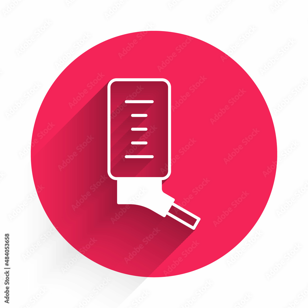 Poster white automatic drinker for small pets icon isolated with long shadow background. red circle button.