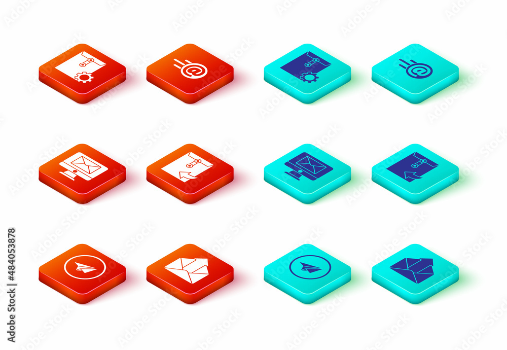 Aufkleber set paper plane, outgoing mail, monitor and envelope, envelope, mail e-mail and setting icon. vector
