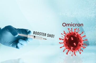 A picture of coronavirus with vaccine and booster shot, fight new variant.
