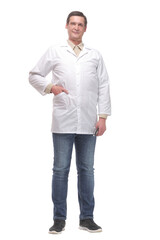 Confident smiling doctor standing with hand in pocket,