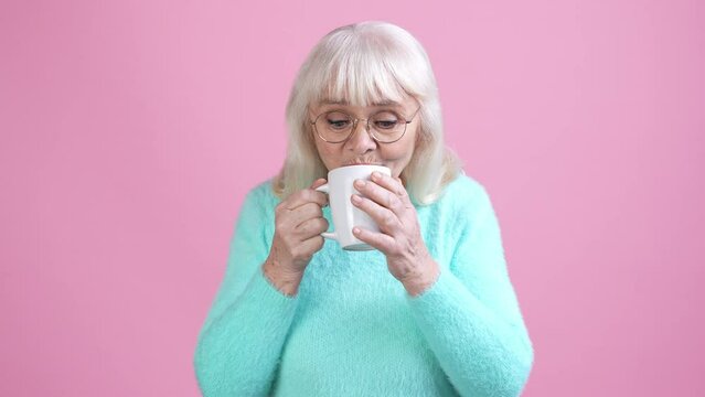 Inspired old granny drink arabica latte isolated pastel color background 