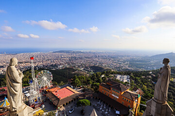 View from Sagrat Cor over Tibidabo with city of Barcelona in the background.