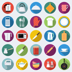 Set of kitchen icons in flat design with long shadows