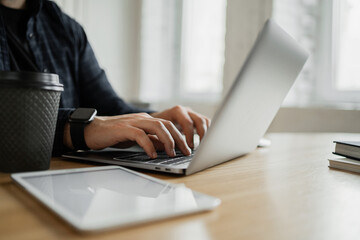 Uses laptop finance and documents ondine, businessman report in company office