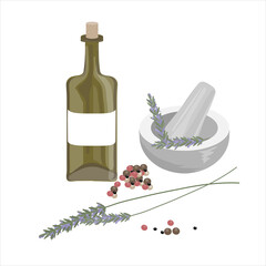 Bottle of dark green color, colored spices (pepper), lavender, mortar and pestle.  Vector graphics