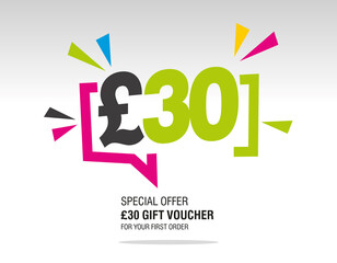 30 Pound Sterling internet website promotion sale offer big sale and super sale modern colorful coupon code £30 discount gift voucher coupon
