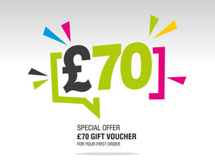 70 Pound Sterling internet website promotion sale offer big sale and super sale modern colorful coupon code £70 discount gift voucher coupon
