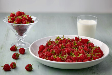 Ripe raspberries with cuttings on a white plate and a glass of milk