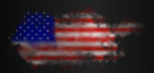 Obraz premium Usa flag made of 3d realistic vector smoke. American flag cloud piece: red, white stripes and hazy stars isolated on semi transparent dark background