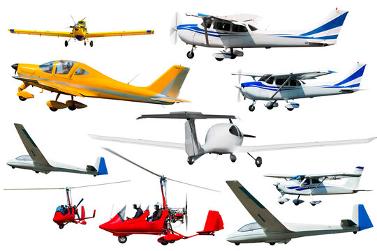 Image of numerous light planes: gyroplanes and gliders isolated on white background