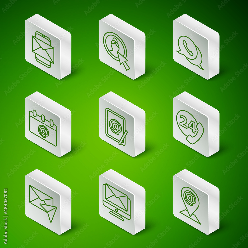 Poster set line location and mail and e-mail, monitor envelope, mobile, mail, calendar with email, create a