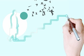 Collage with a young man and a career ladder. Business concept.