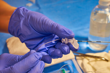 Epidural anesthesia in medicine. Preparing an anesthesia kit close-up