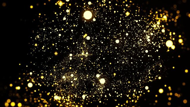 Gold dust particles fly in slow motion in the air lingering slowly. Dust Particles Background Bokeh Lights Background on Black Background 4k Footage Snow Particles Background.	
