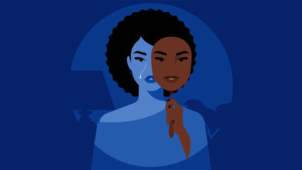 Cruing woman covering face with mask expressing opposite emotion. Sad black girl. Impostor syndrome, hypocrisy, psychological problems, bipolar disorder. Illustration for poster, cover, mag.