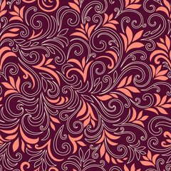 Elegant seamless pattern with leaves and curls. Luxury floral background. Vector illustration.