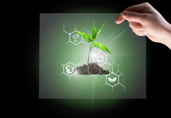 biotechnology science and medicine background, hands hold a tablet with a green plants and digital...