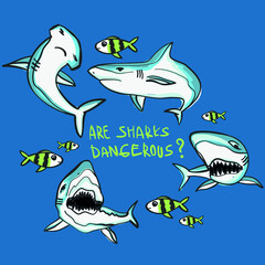 Are sharks dangerous? Print with fish and sharks. Print for cards, t-shirt, fabric, stationery, poster, web, kids and other designs.