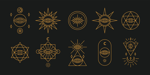 set of tarot symbols illustrated in golden brown outline on dark background. occult objects illustration for tattoo and astrological decoration.