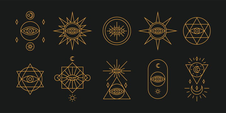 set of tarot symbols illustrated in golden brown outline on dark background. occult objects illustration for tattoo and astrological decoration.