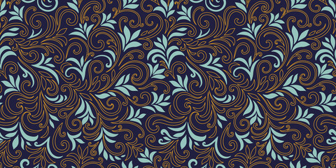 Elegant seamless pattern with leaves and curls. Luxury floral background. Vector illustration.