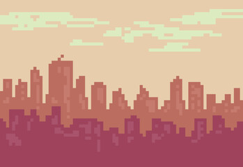 Illustration of cityscape with sunset colors in pixel art style