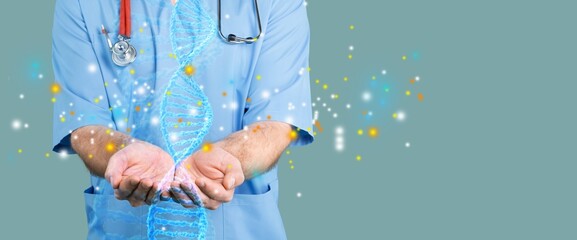 Medicine doctor holding helix DNA structure on hologram modern virtual screen interface