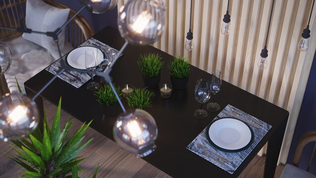 Top view of the dining table 3d render. Festive table setting