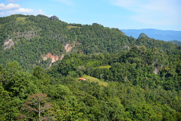 Fototapeta na wymiar Village view in the forest area and fresh green mountains. There is nature in Thailand.
