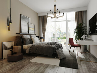 3d render of hotel room, bedroom