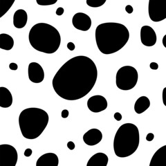 Vector seamless pattern with dalmatian fur texture. Irregular oval and round black spots on white backdrop 