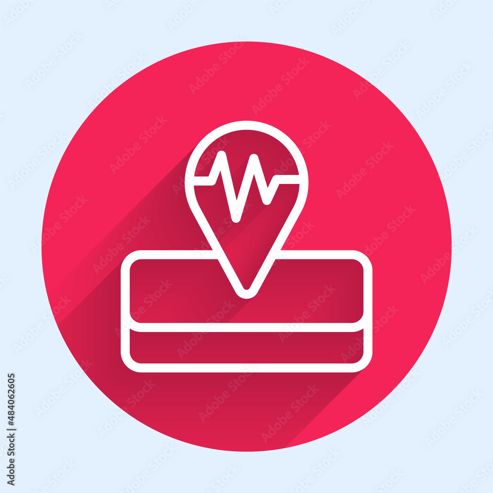 Poster white line earthquake icon isolated with long shadow background. red circle button. vector
