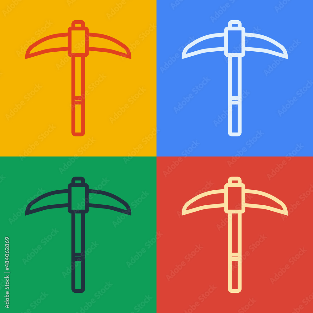 Poster pop art line pickaxe icon isolated on color background. vector