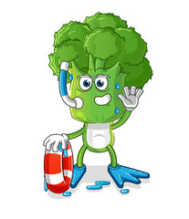 broccoli head cartoon swimmer with buoy mascot. cartoon vector