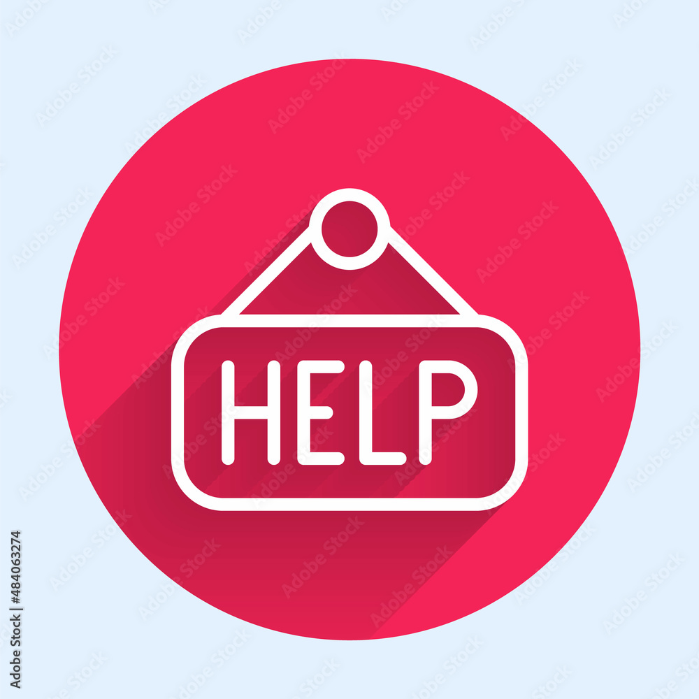 Poster white line signboard with text help icon isolated with long shadow background. red circle button. ve