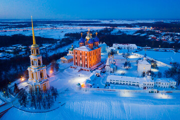 Winter aerial view of architectural ensemble of ancient Kremlin in Ryazan in the evening, Ryazan...