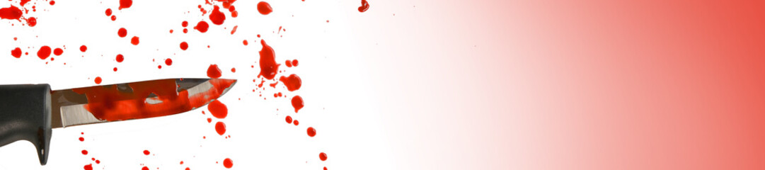 Crime scene. Murder and crime .Blood and knife.Spots of blood and knife in blood.Crime banner.Red...