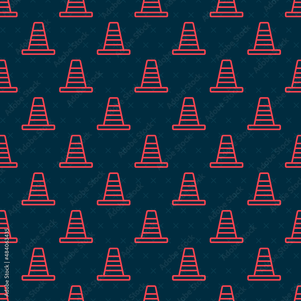 Poster red line traffic cone icon isolated seamless pattern on black background. vector