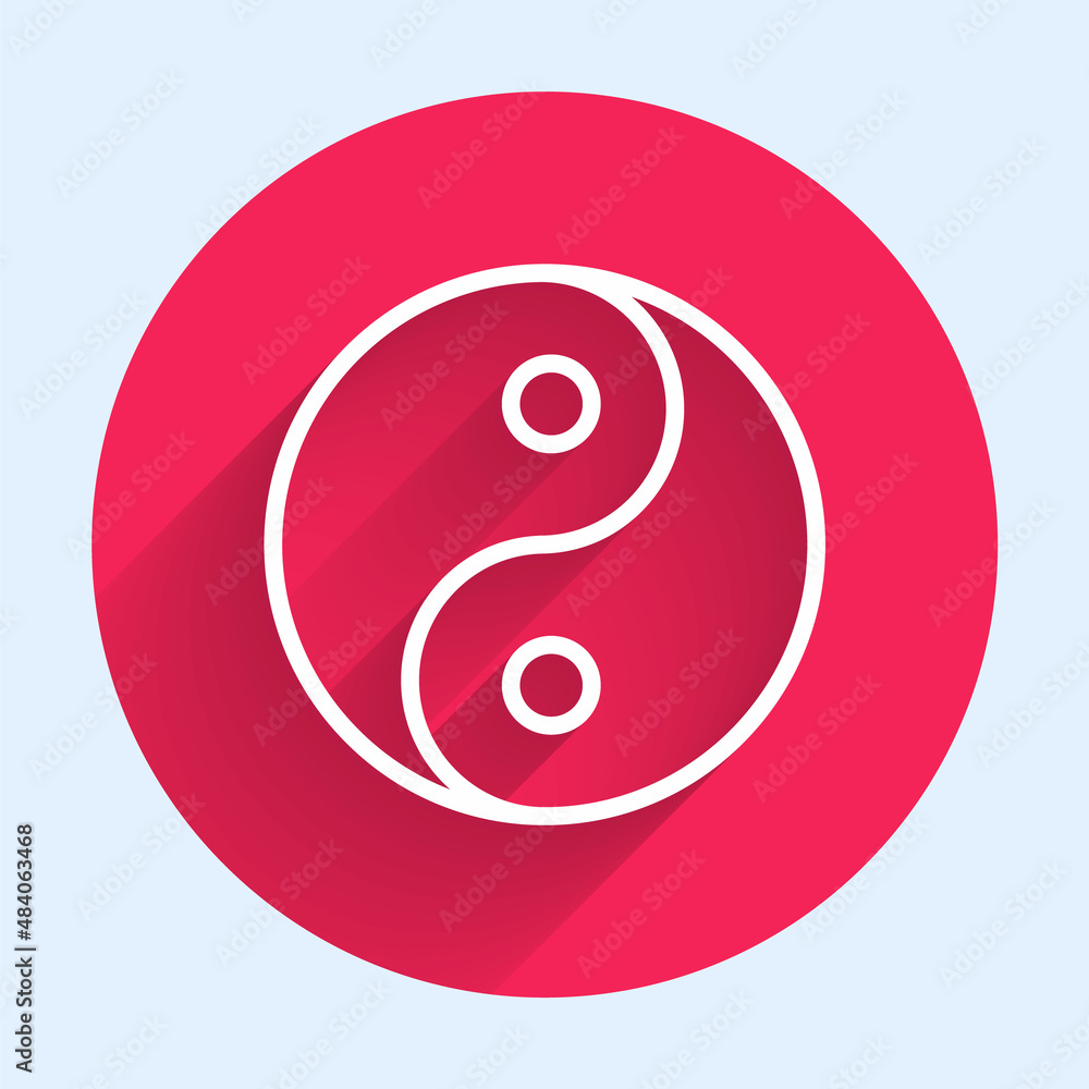 Poster white line yin yang symbol of harmony and balance icon isolated with long shadow background. red cir