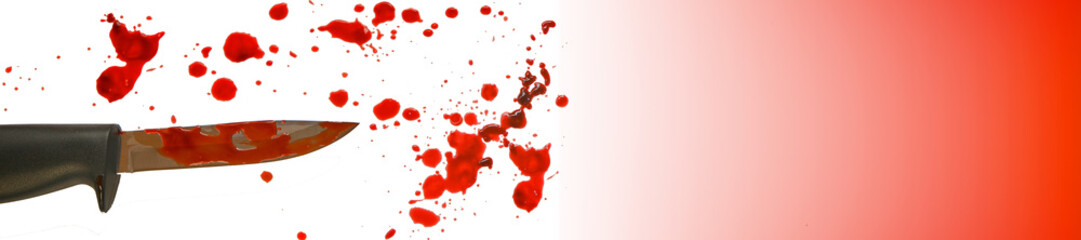 Blood and knife.Spots of blood and knife .Crime banner.Red blood splatter and drops isolated On...